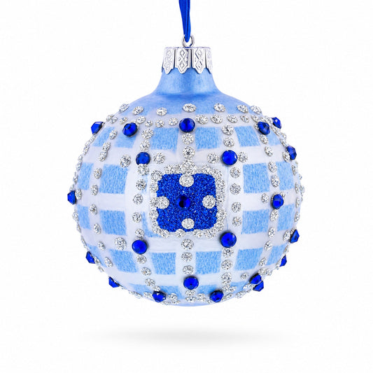 Blue Jewels and Check Pattern Necklace Design Glass Ball Christmas Ornament 3.25 Inches