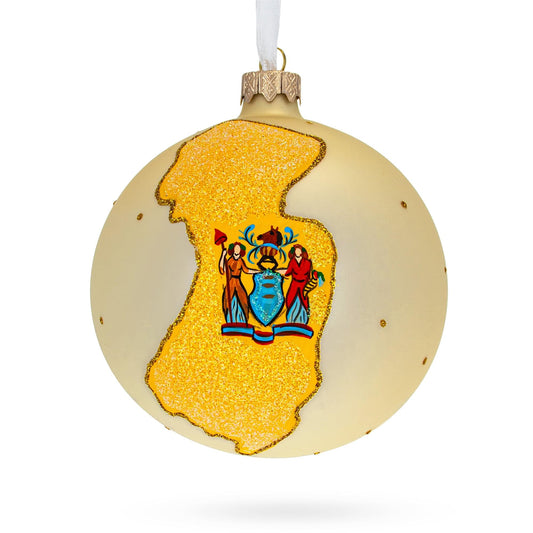 a white and yellow ornament with a map of the state