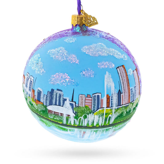 a blue ball with a city painted on it
