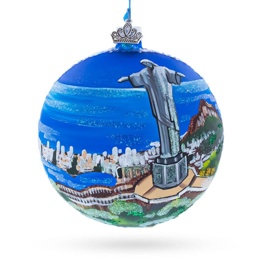 a blue ball with a picture of a city and a statue on it