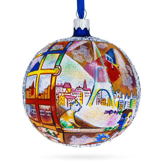 a colorful christmas ornament with a blue ribbon