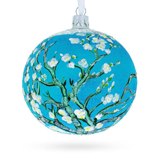 a blue ball with white flowers painted on it