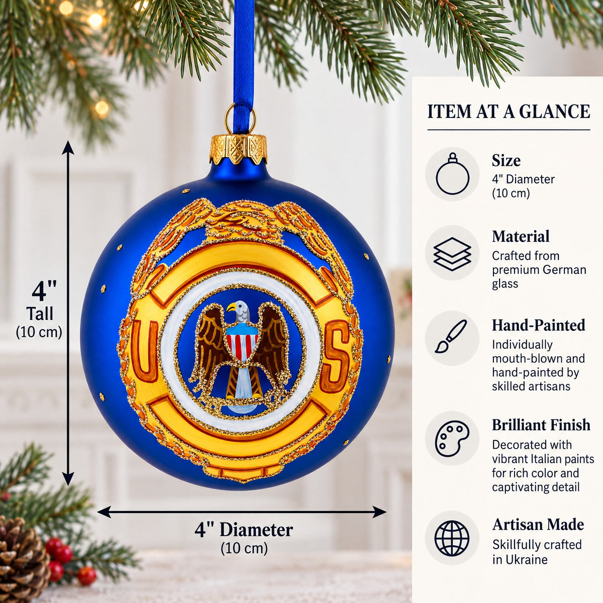 USA Army Glass Ball Christmas Ornament 4 Inches