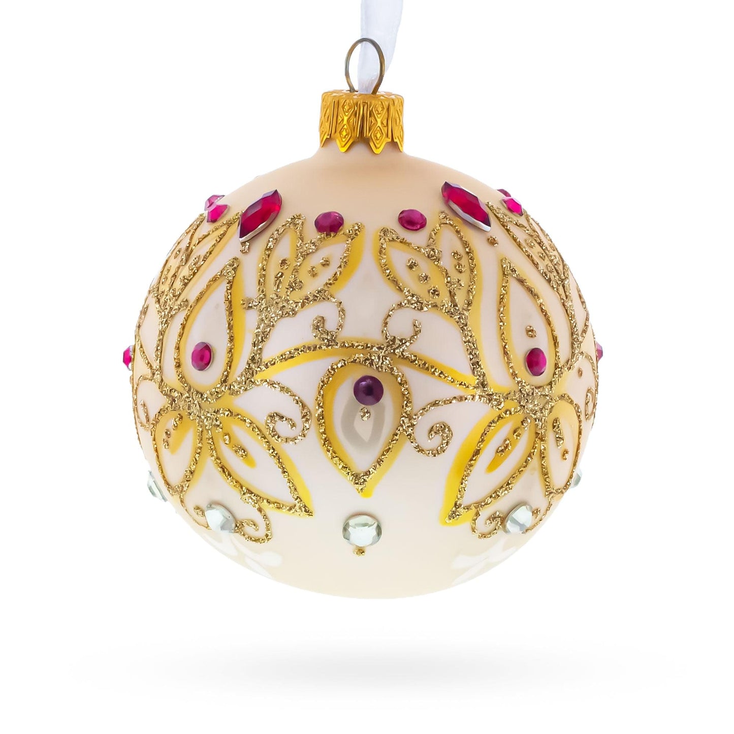 Gilded Golden Leaves Glass Ball Christmas Ornament 3.25 Inches