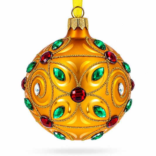 Multicolored Jewels Adorned on a Gilded Glass Ball Christmas Ornament 3.25 Inches