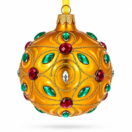 Multicolored Jewels Adorned on a Gilded Glass Ball Christmas Ornament 3.25 Inches