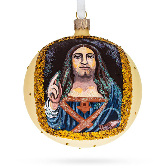 a yellow ball with a painting of a man holding a cross