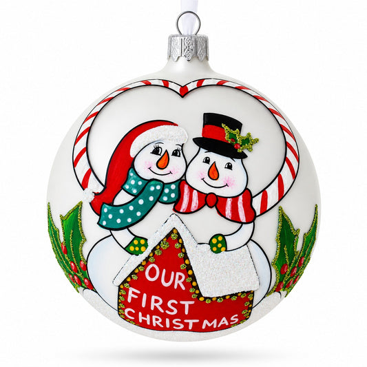 Snowmen Celebrating 'Our First Christmas' Glass Ball Christmas Ornament 4 Inches