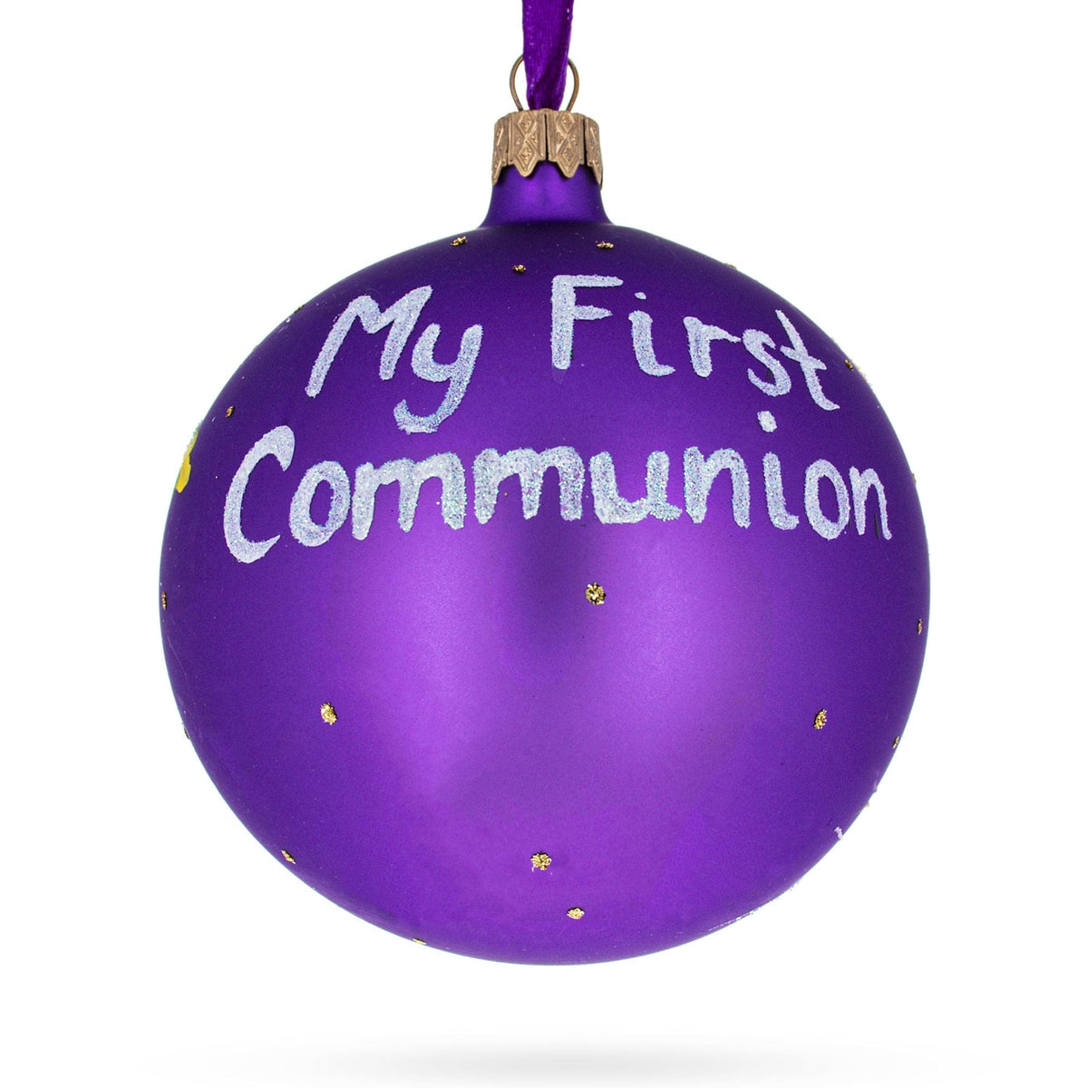 First Communion on Purple Glass Ball Christmas Ornament 4 Inches