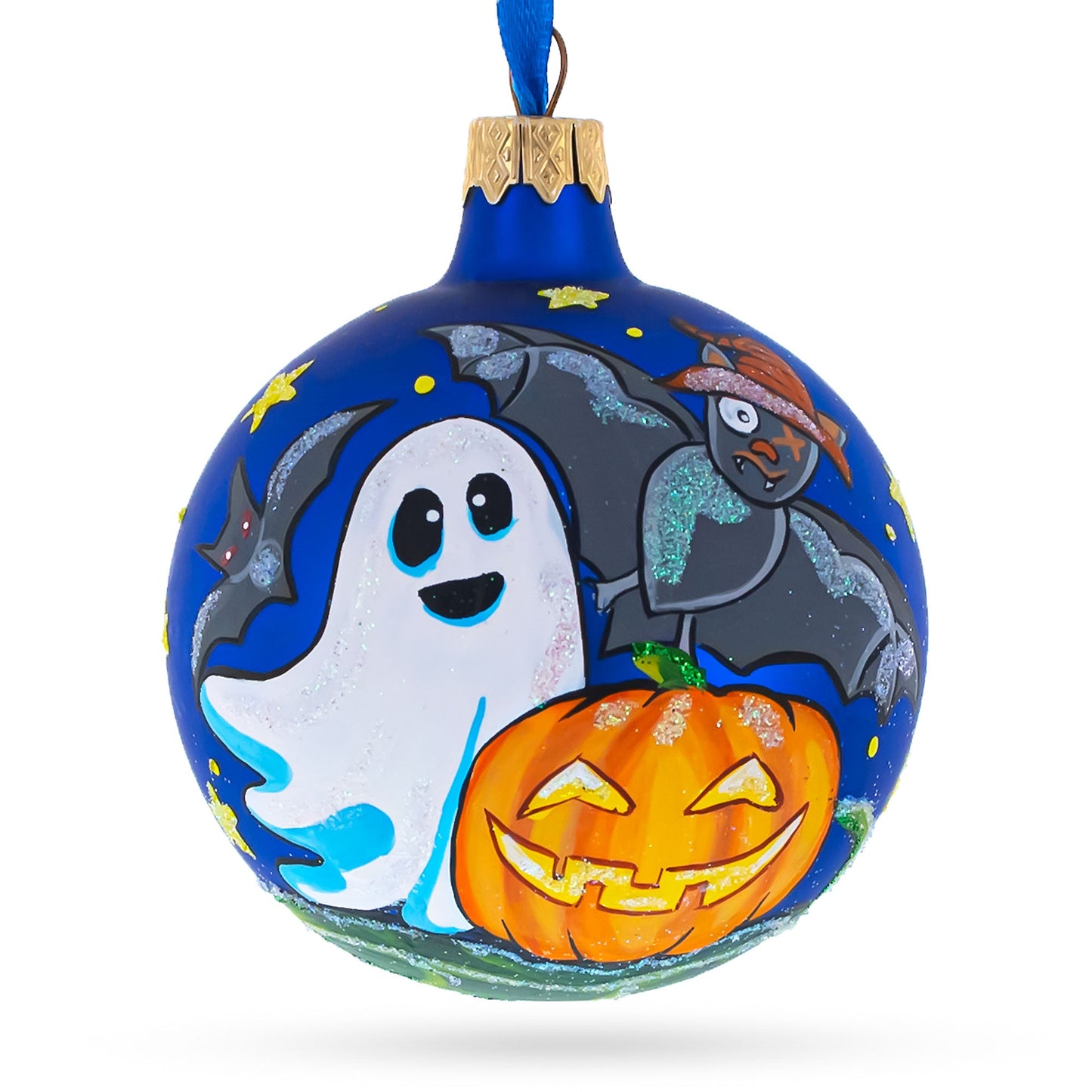 Ghost and Bat Glass Ball Halloween Ornament 3.25 Inches
