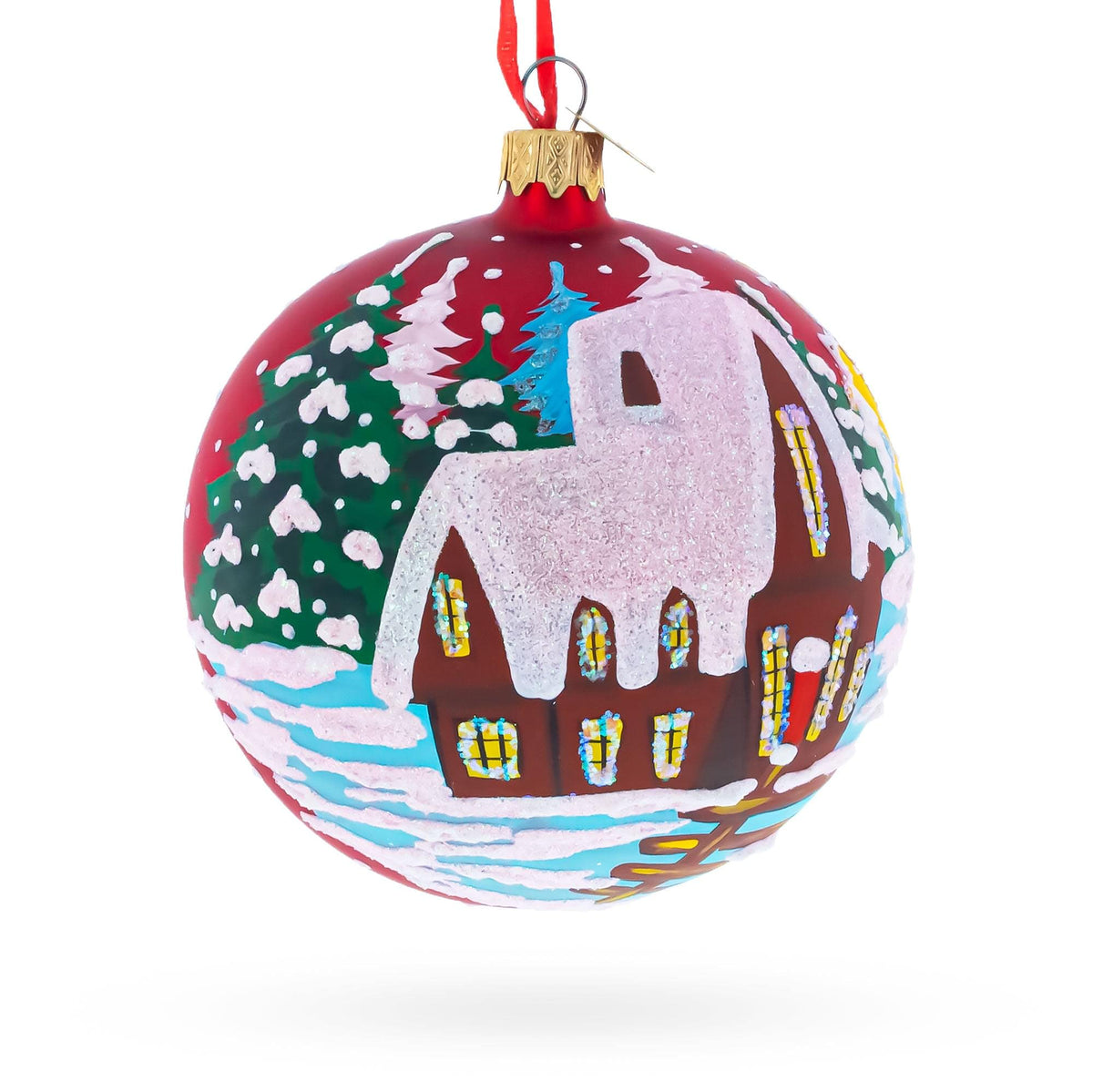 Rooster in the Winter Village Glass Ball Christmas Ornament 4 Inches