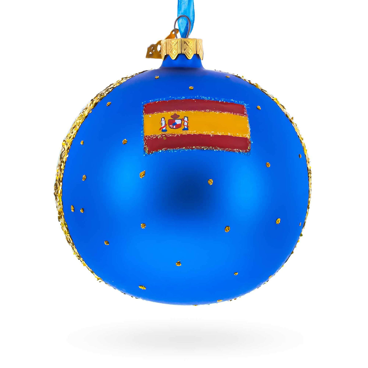 a blue christmas ornament with a flag on it