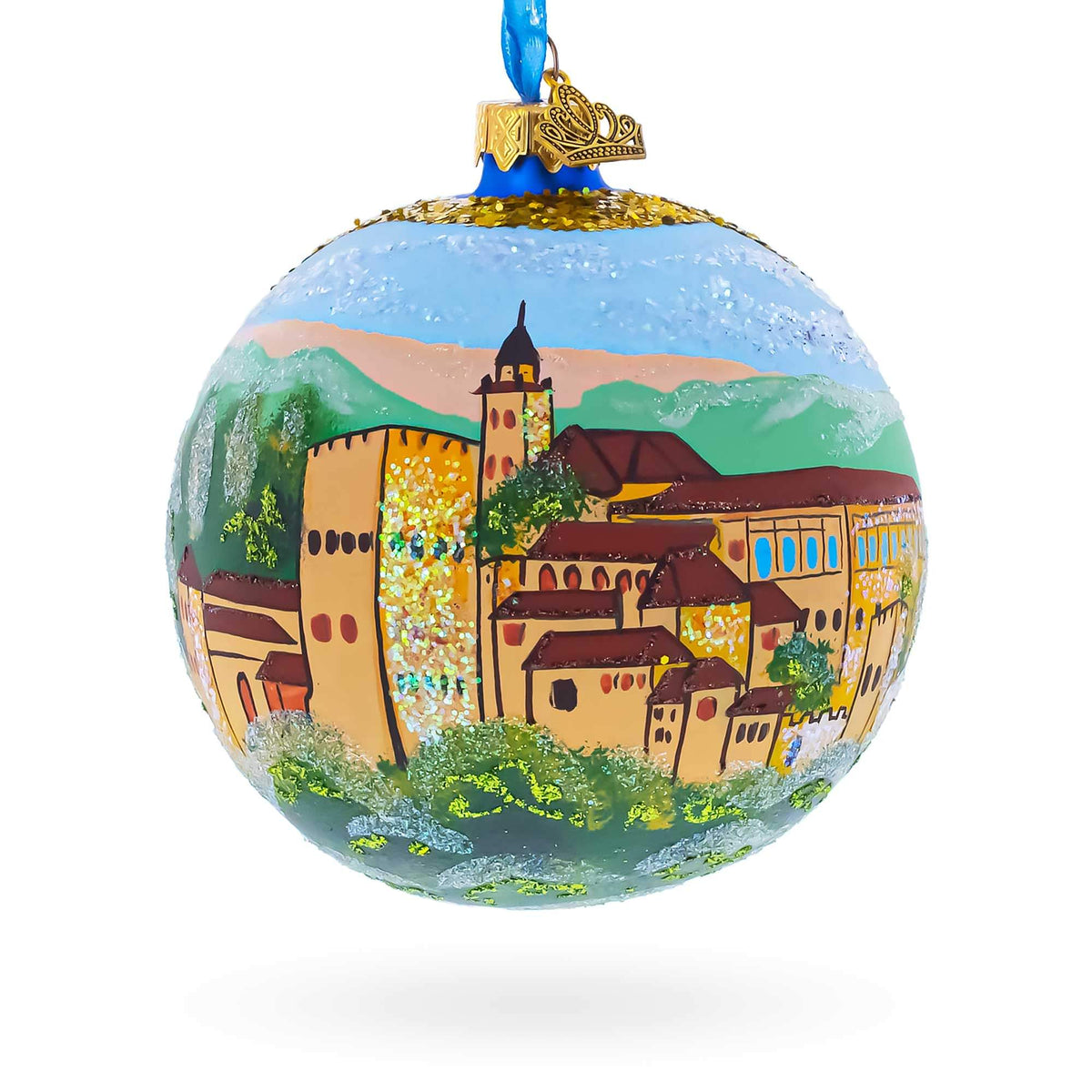 a painted ball with a castle on it