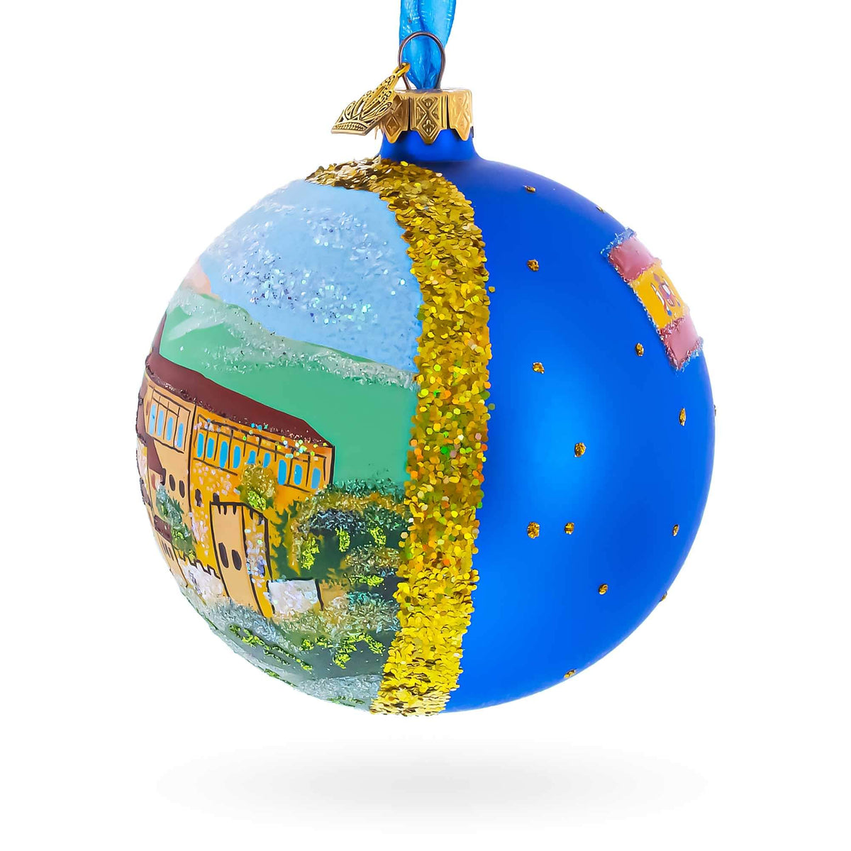 a blue and gold christmas ornament