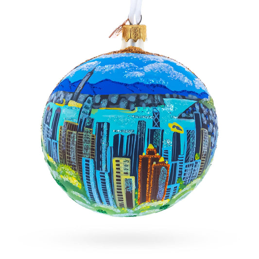 a blue ball with a city painted on it