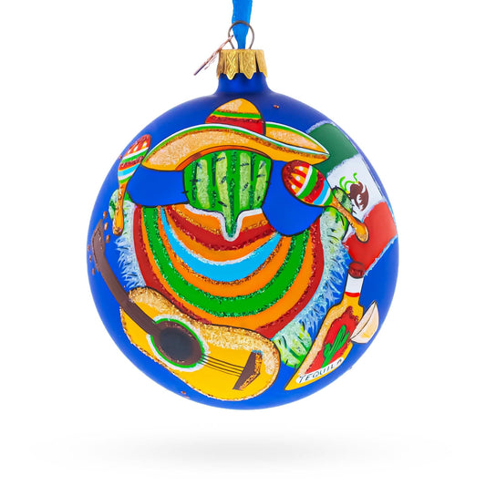 a blue christmas ornament with a painting on it