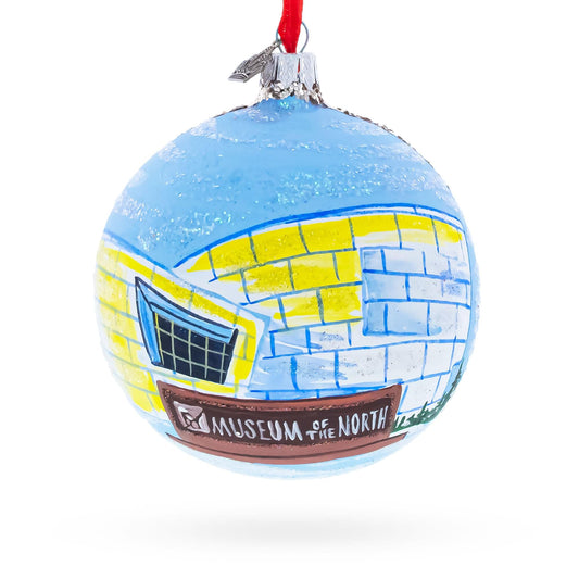 a blue ball with a yellow building painted on it