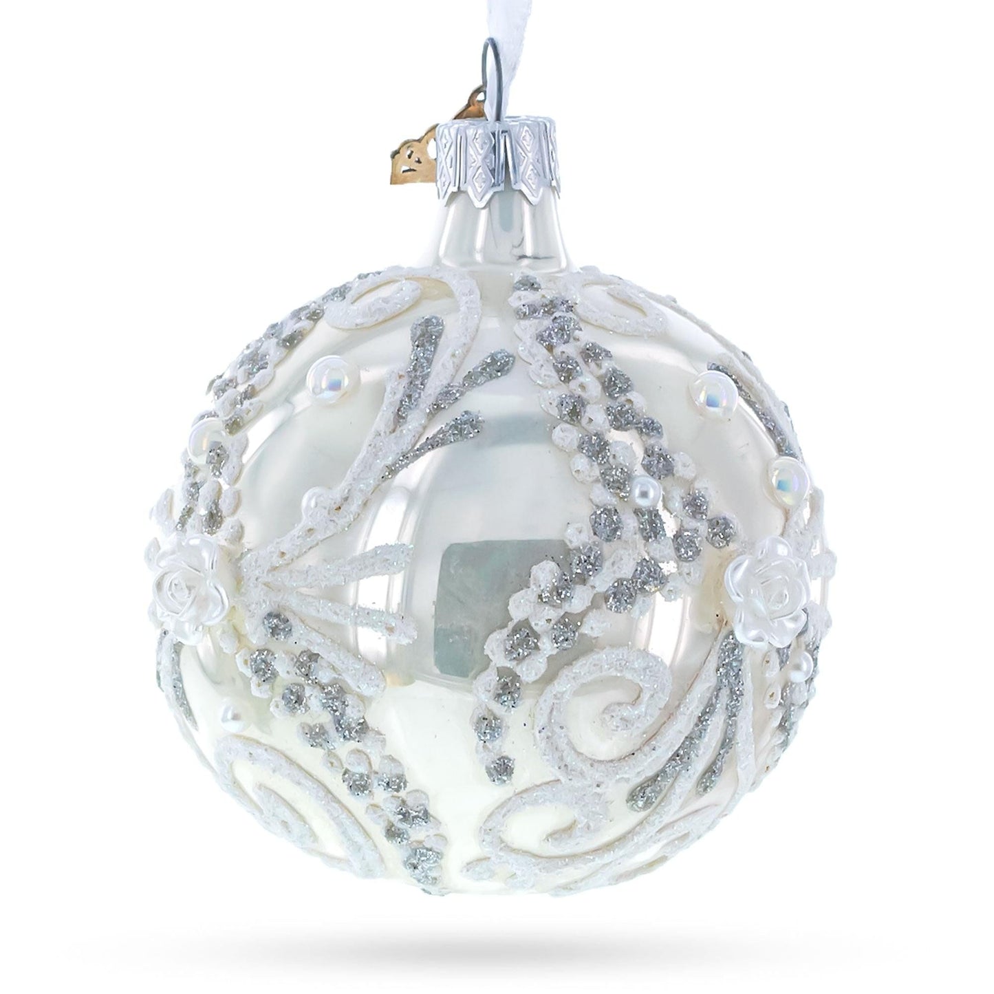 Snow Swirls on White Glass Ball Christmas Ornament 3.25 Inches
