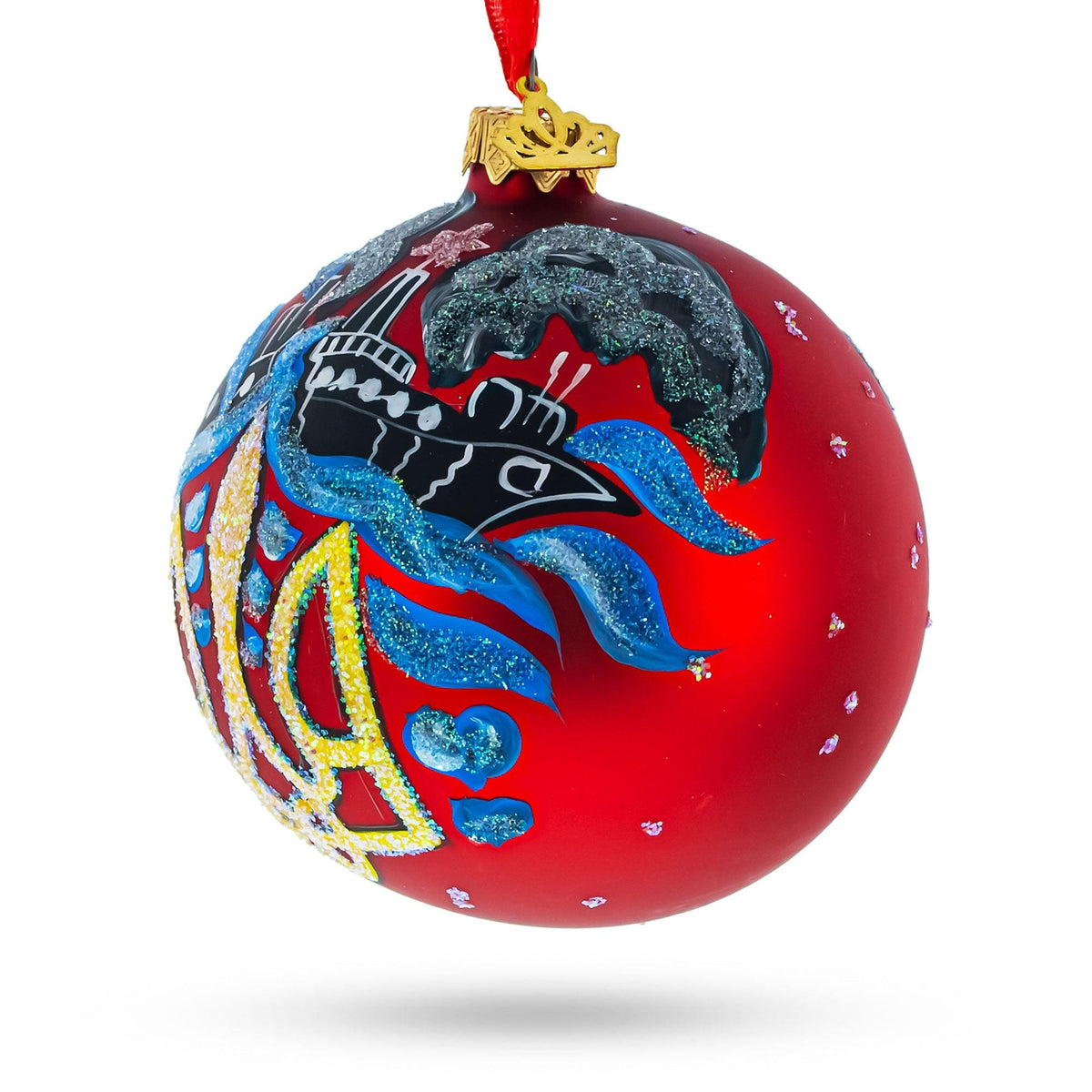 a red and blue christmas ornament
