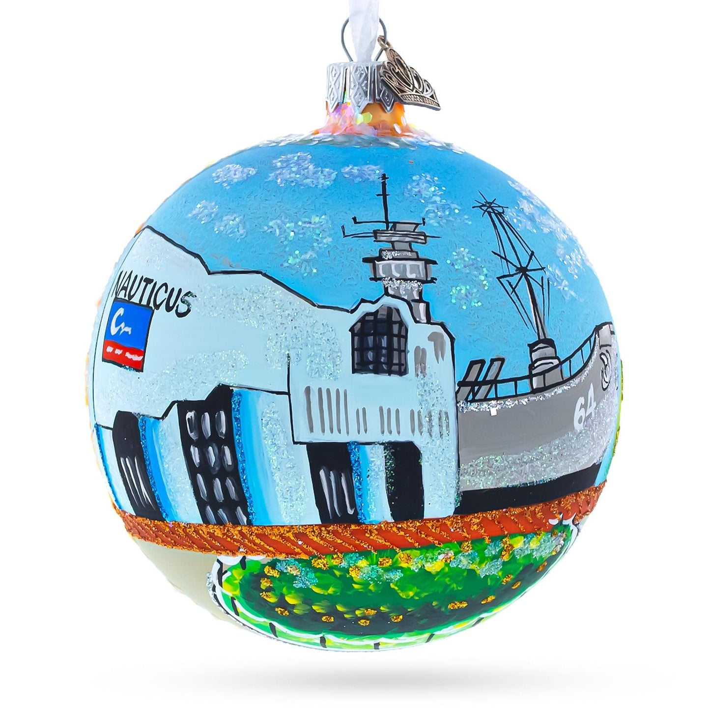 Battleship Wisconsin at Nautilus, Norfolk, Virginia Glass Ball Christmas Ornament 4 Inches