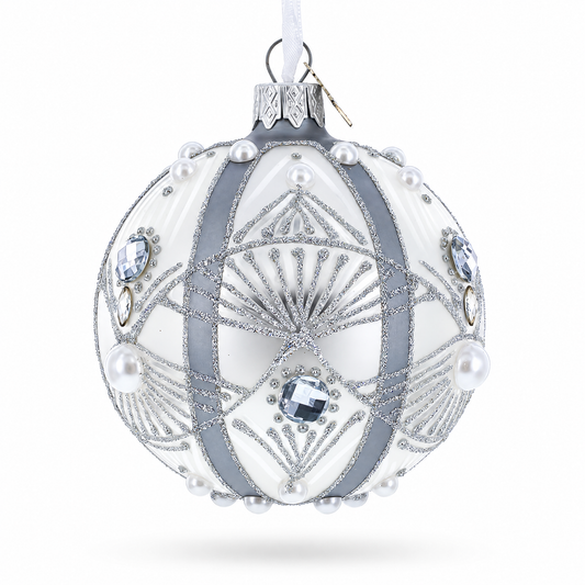 White Jewels on Silver Glass Ball Christmas Ornament