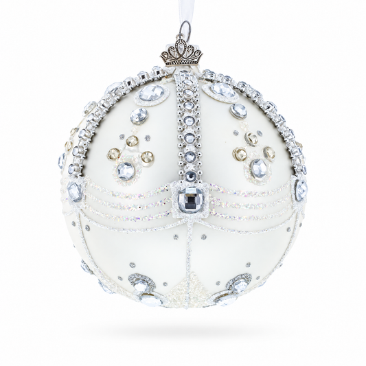 White Jewels on Silver Glass Ball Christmas Ornament 4 Inches