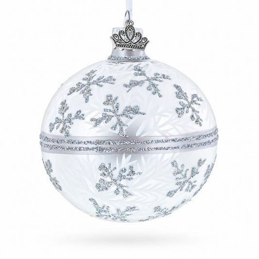 White Winter Glitter Snowflake Design Glass Ball Christmas Ornament 3.25 Inches