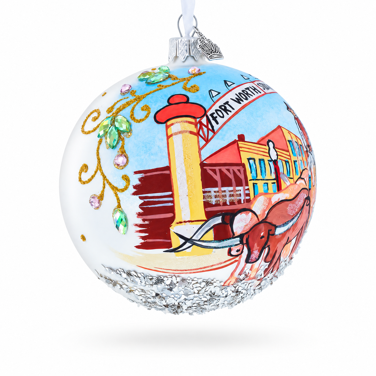 Fort Worth Stockyards, Texas Glass Ball Christmas Ornament 4 Inches