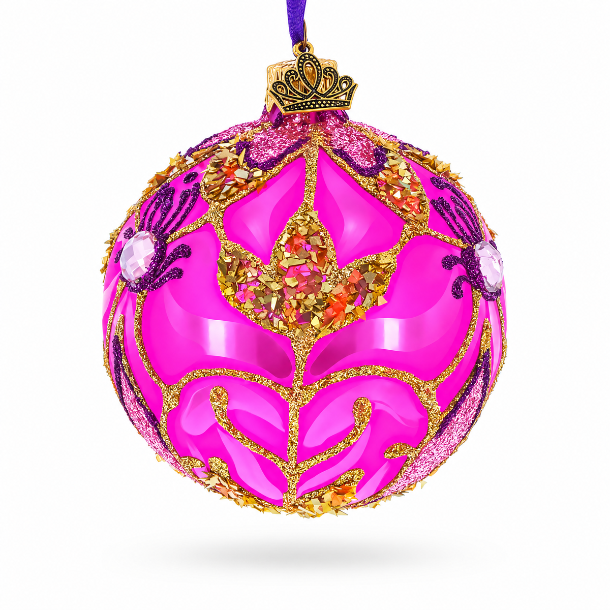 Pink with Gold Scrolls Jewel Iridescent Leaf Glass Ball Christmas Ornament 3.25 Inches