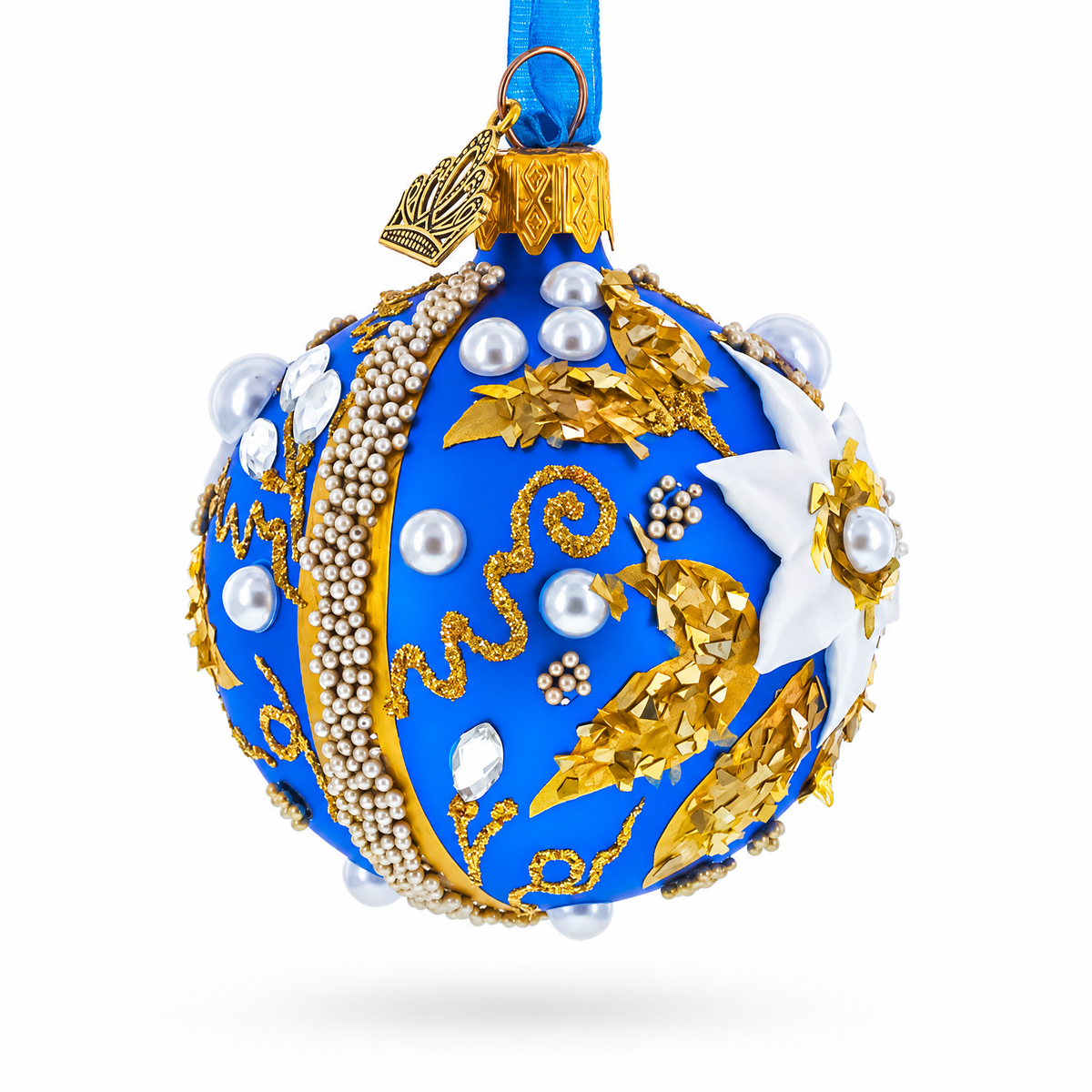 Baroque Style White Petal Flower with Gold Scrolls & Jeweled Accents Glass Ball Christmas Ornament