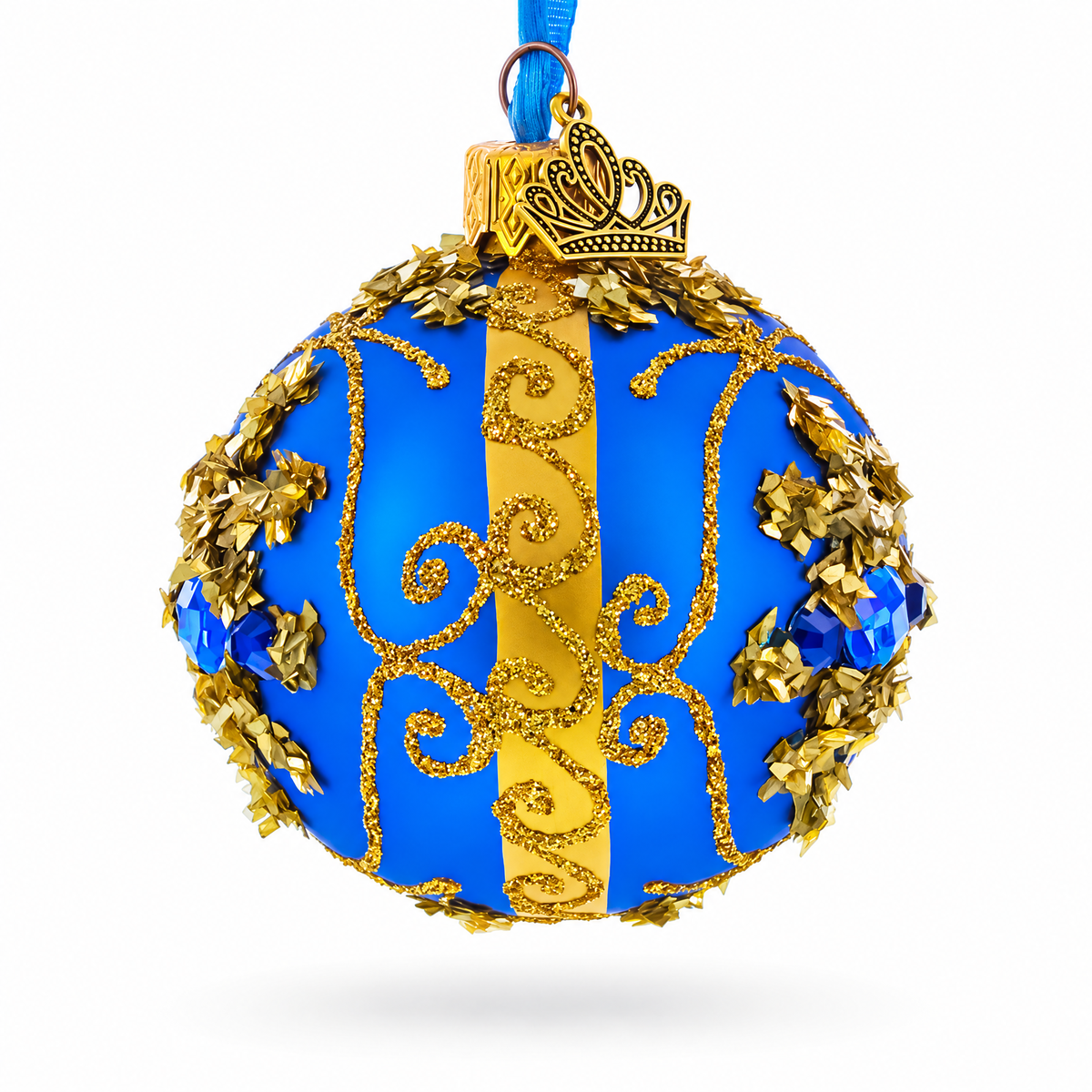 Gold Glitter Scrolls and Blue Gem Snowflake on Royal Blue Glass Ball Christmas Ornament