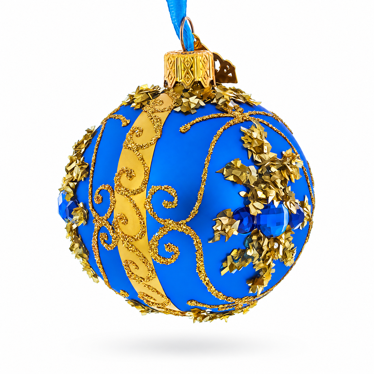 Gold Glitter Scrolls and Blue Gem Snowflake on Royal Blue Glass Ball Christmas Ornament