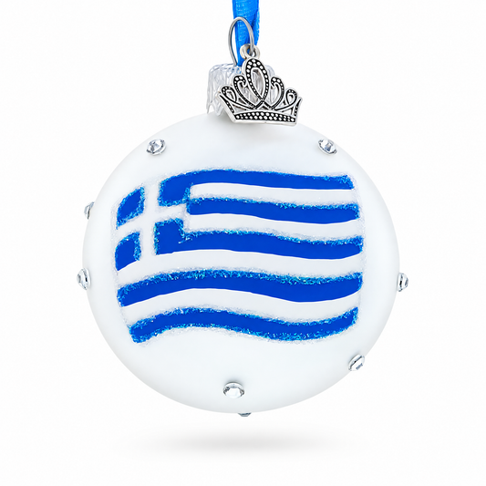 Greek Flag with Crystal Accents Glass Ball Christmas Ornament