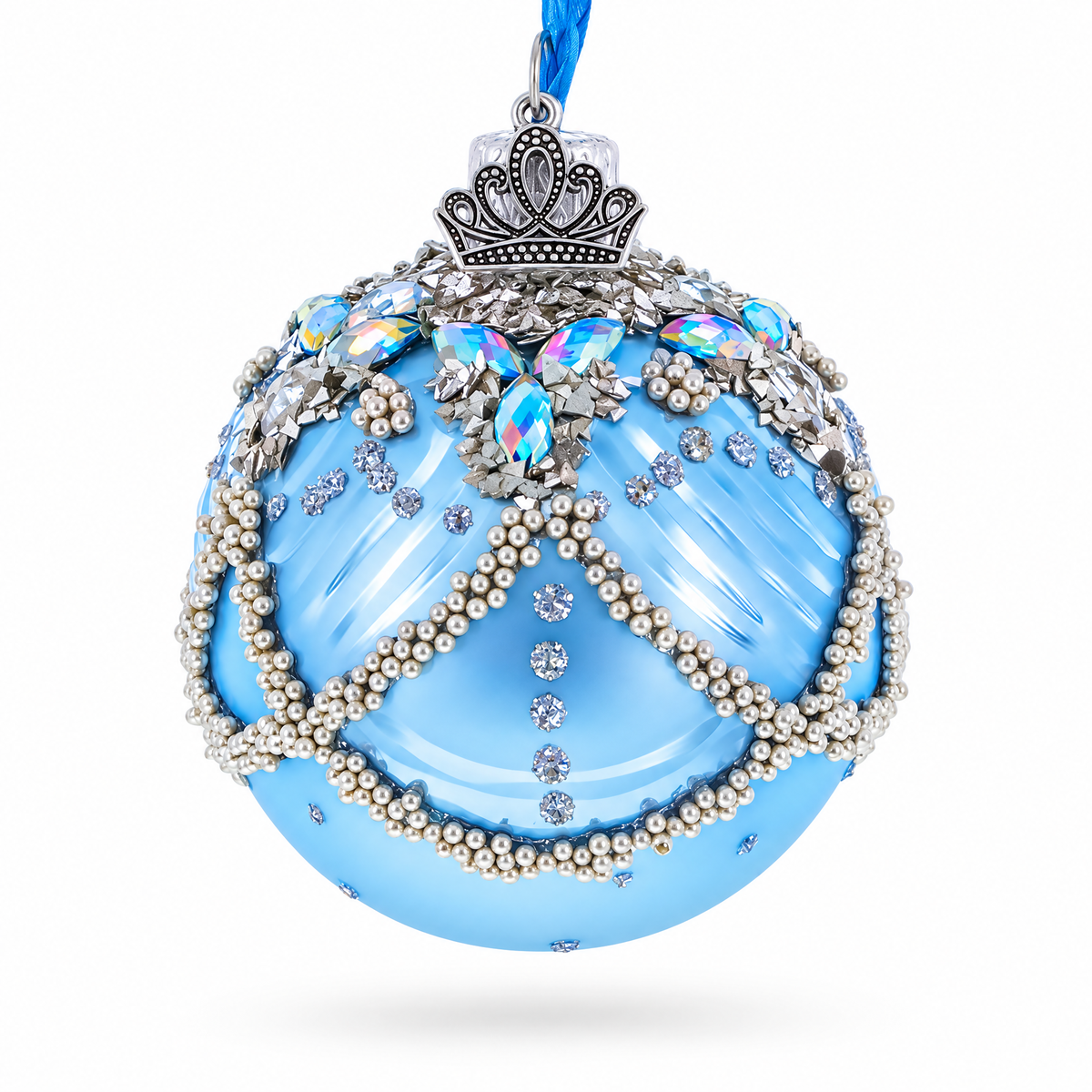 Silver Beaded Lattice with Iridescent Jewels Glass Ball Christmas Ornament