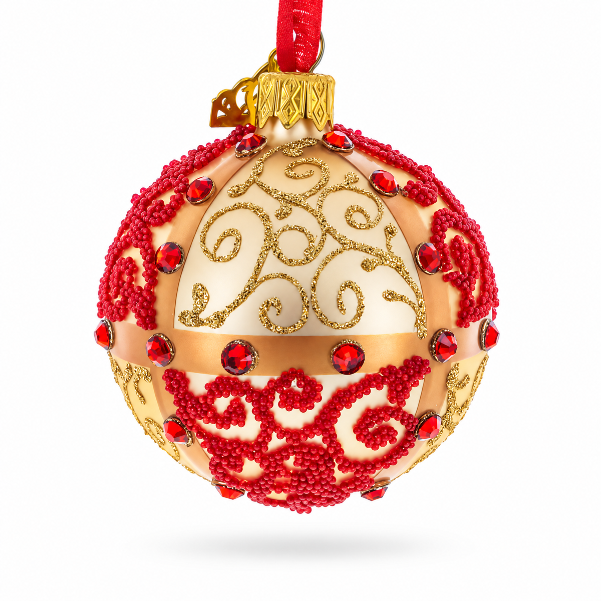 Jeweled Gold & Red Swirl Glass Ball Christmas Ornament
