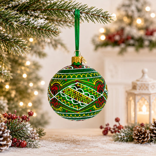 Green Geometric Ukrainian Glass Ball Christmas Ornament 3.15 Inches