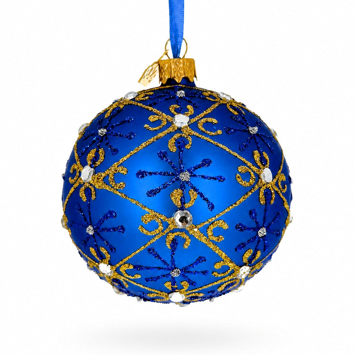 Jeweled Trellis On Blue Glass Egg Ornament 3.25 Inches