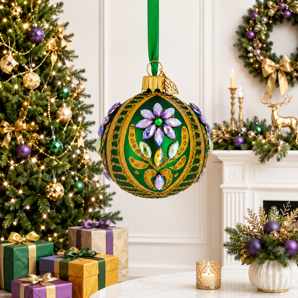 Ornate Botanical Round Rhinestone Accent Glass Ball Christmas Ornament