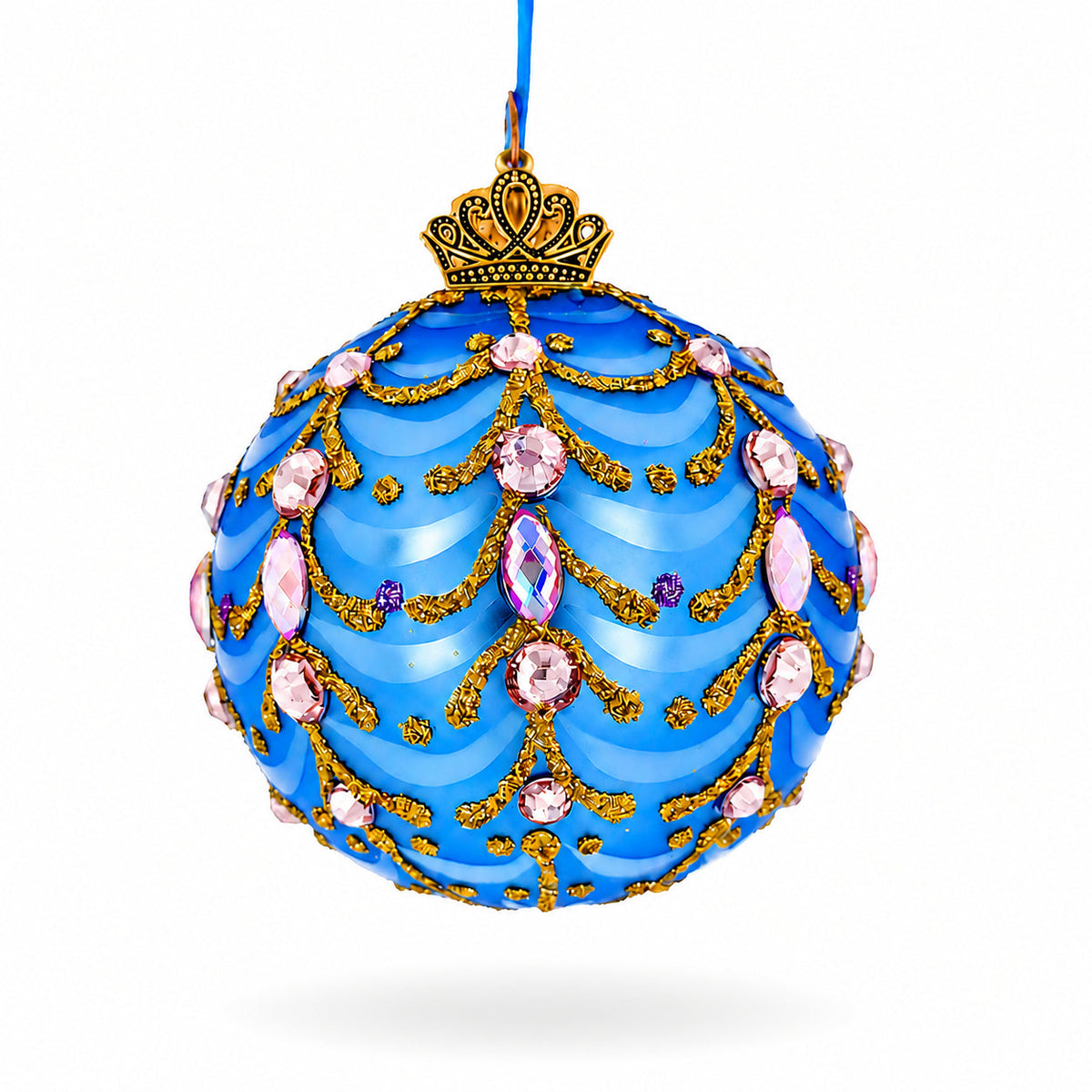 Ornate Blue Scrollwork Pink Gem Glass Ball Christmas Ornament