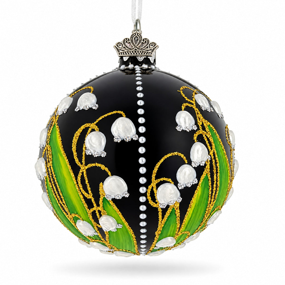 Lily of the Valley on Black Glass Ball Christmas Ornament