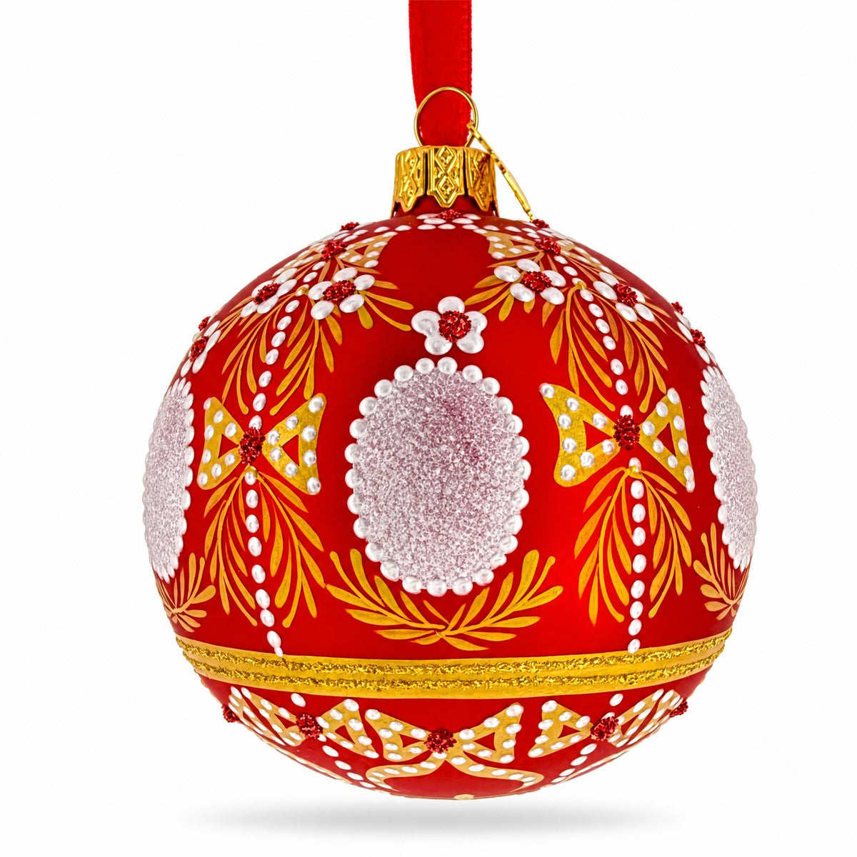 Ornate Floral Medallion on Matte Red Glass Ball Christmas Ornament