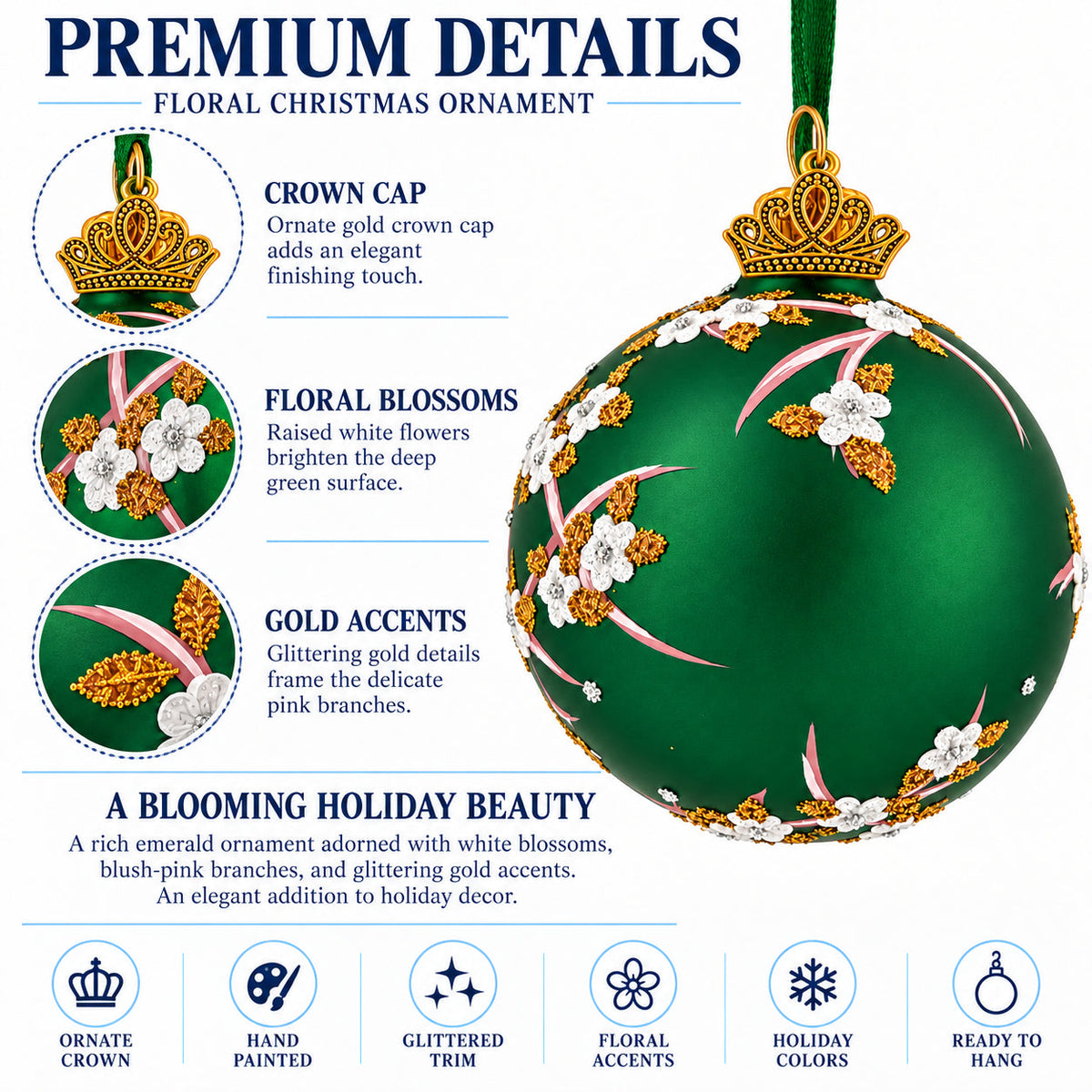 Green Floral Glitter Glass Egg Christmas Ornament