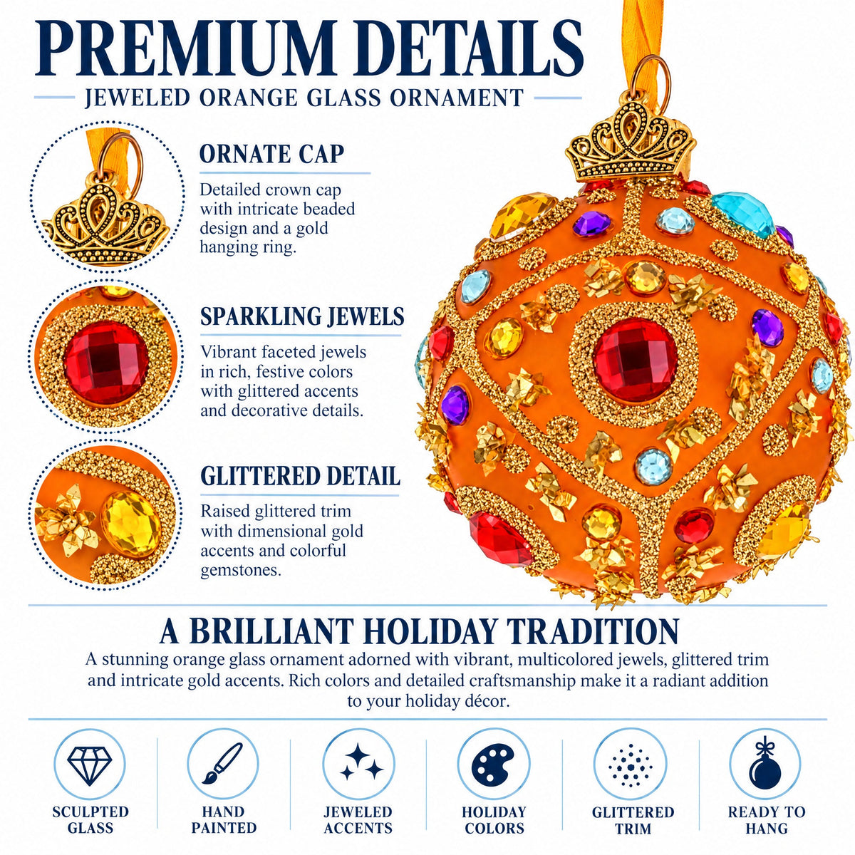 Boutique Amber Jewel Medallion Glass Ball Christmas Ornament