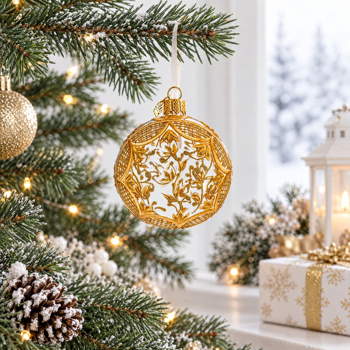Golden Leaf Filigree Clear Glass Ball Christmas Ornament