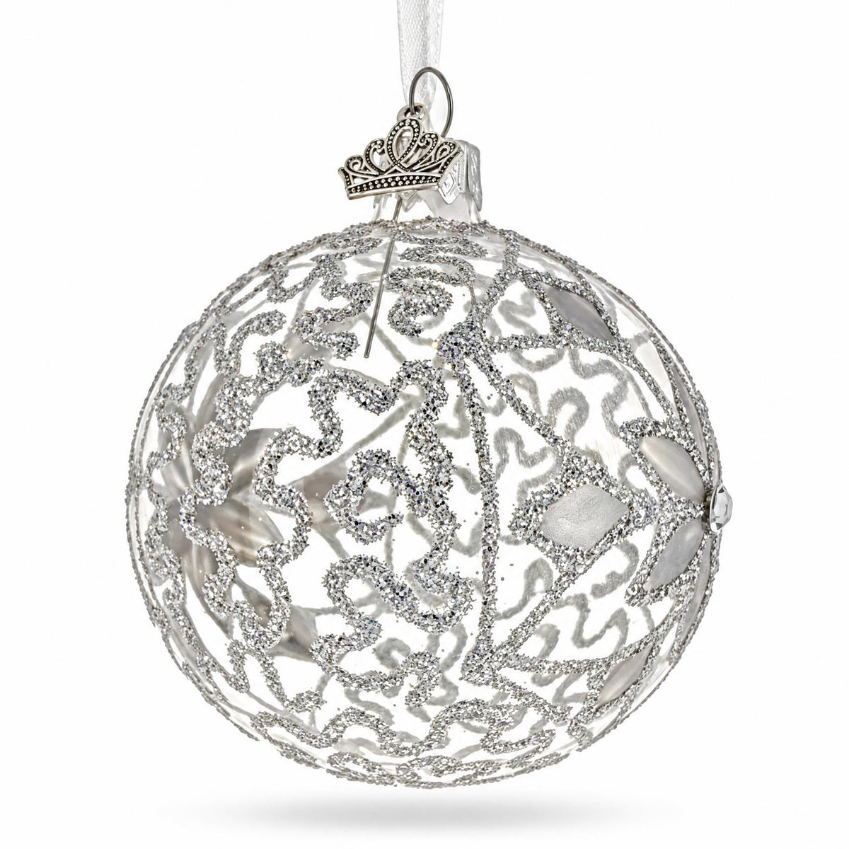 Silver Filigree Floral Design Glass Ball Christmas Ornament