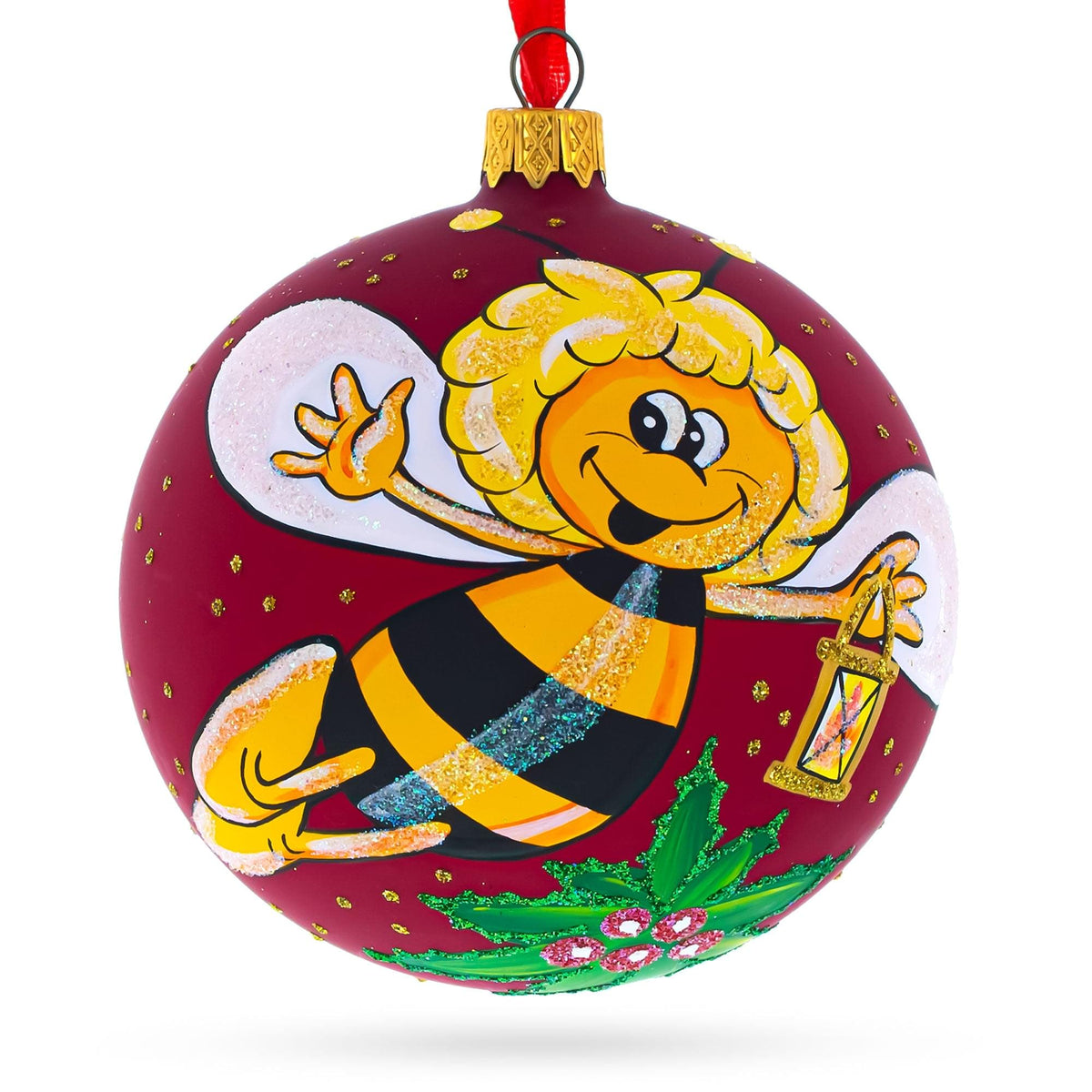 Buzzing Bee in Flight Collecting Honey Glass Ball Christmas Ornament 4 Inches