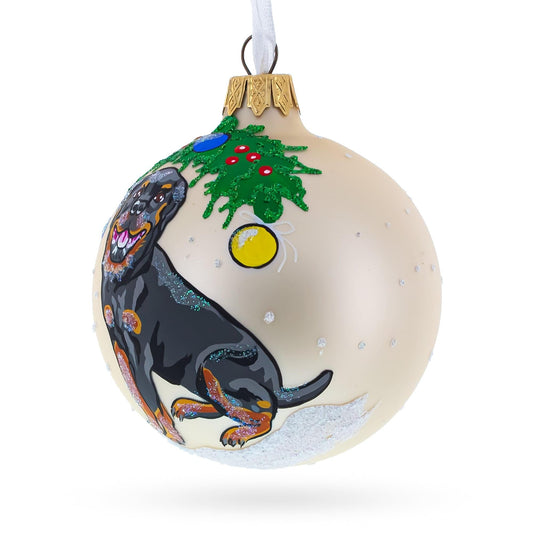 Cheerful Rottweiler  Glass Ball Christmas Ornament 3.25 Inches