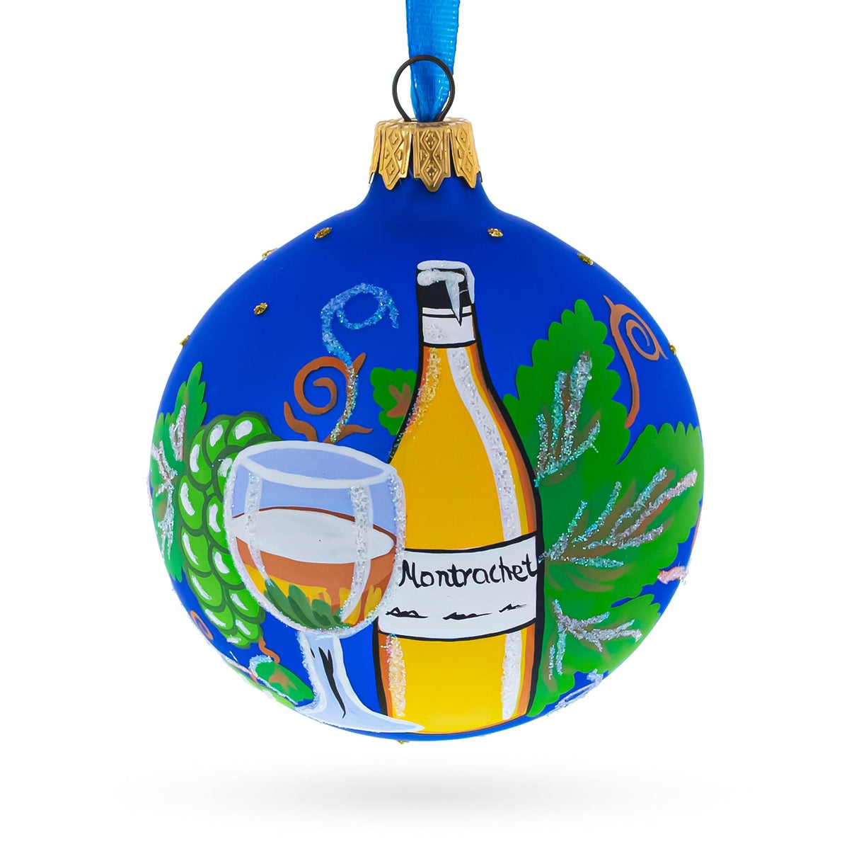 a blue ball with a painting of a wine glass and a bottle