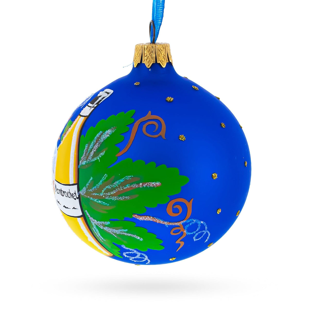 a blue christmas ornament with a drawing on it