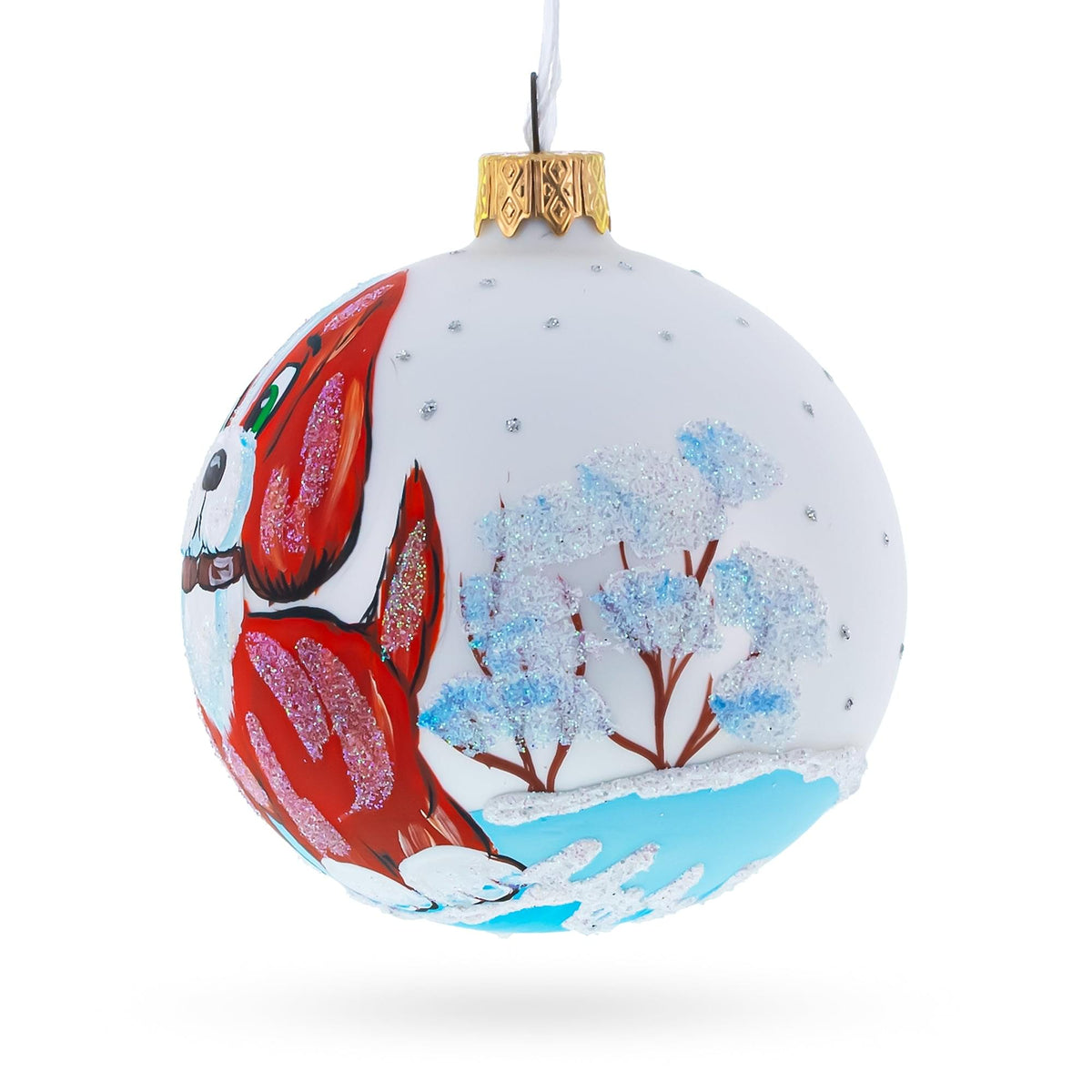 Puppy on the Snow Glass Christmas Ornament 3.25 Inches